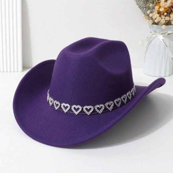 Purple Cowgirl Cowboy Hat Rhinestone Heart Band Rodeo Western Country Festival - Picture 1 of 3